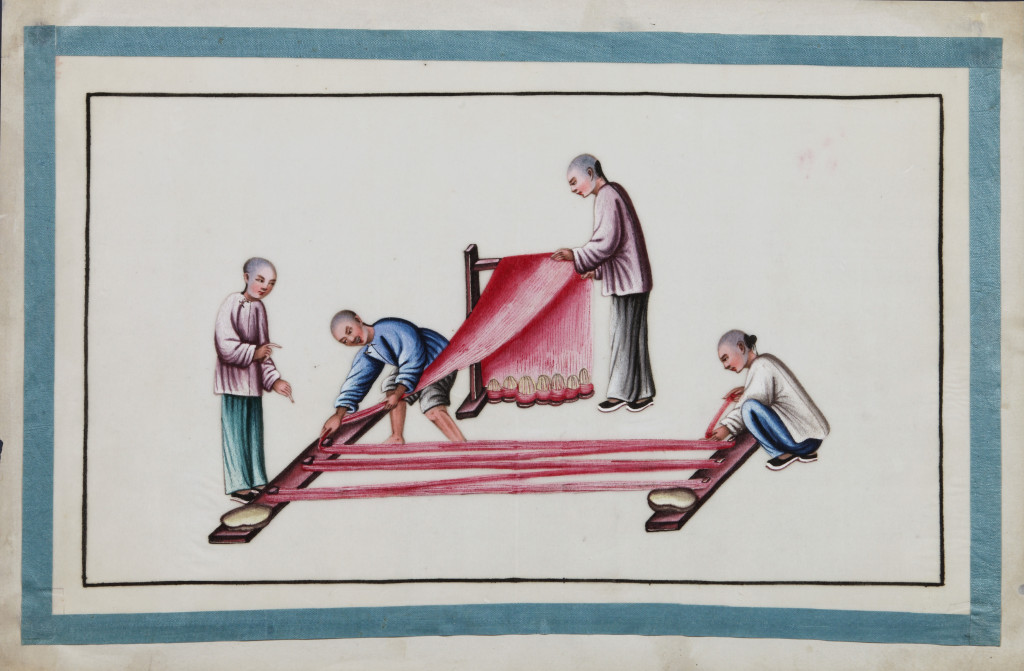 A series of twelve Chinese paintings in gouache on rice-paper depicting the silk production