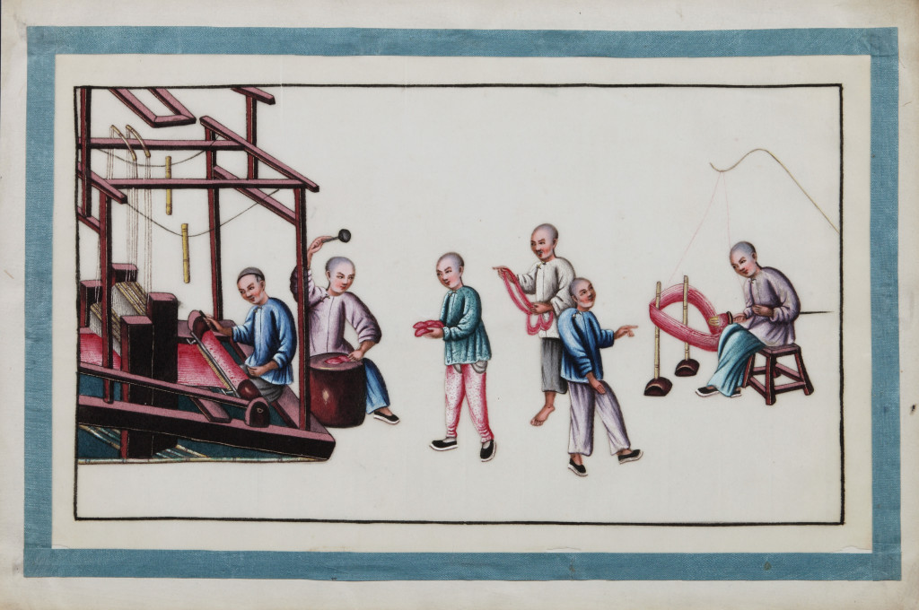 A series of twelve Chinese paintings in gouache on rice-paper depicting the silk production