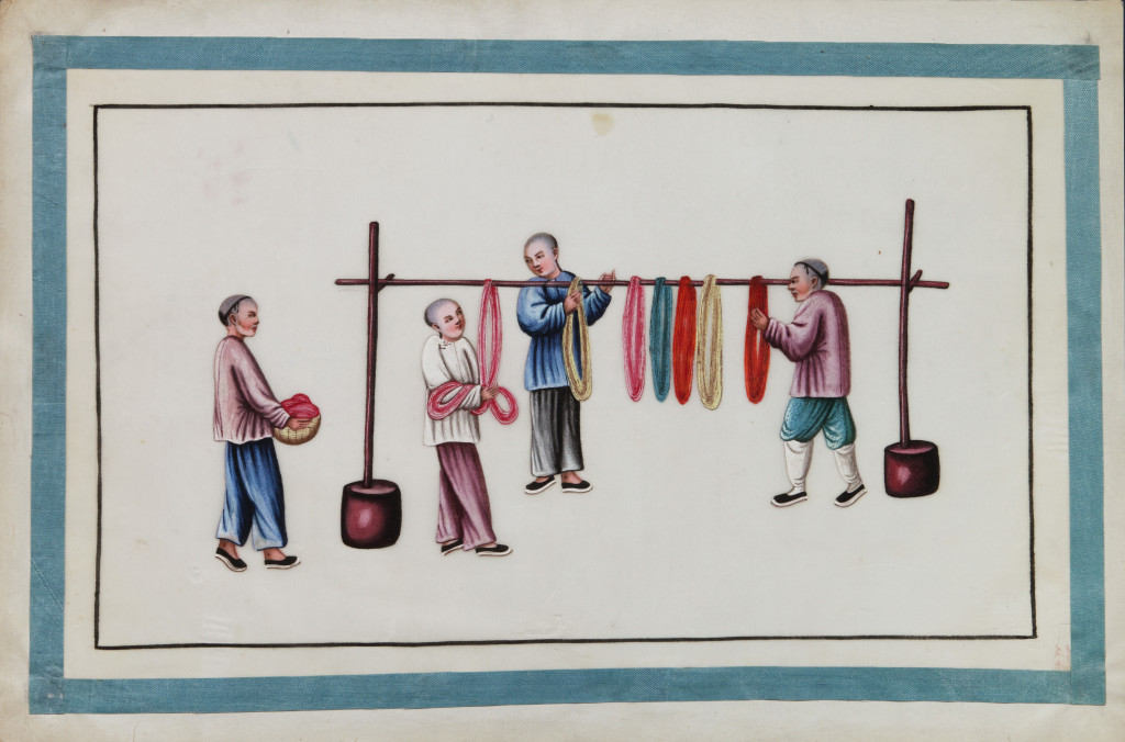 A series of twelve Chinese paintings in gouache on rice-paper depicting the silk production