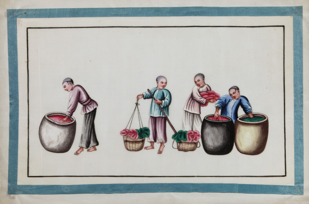 A series of twelve Chinese paintings in gouache on rice-paper depicting the silk production