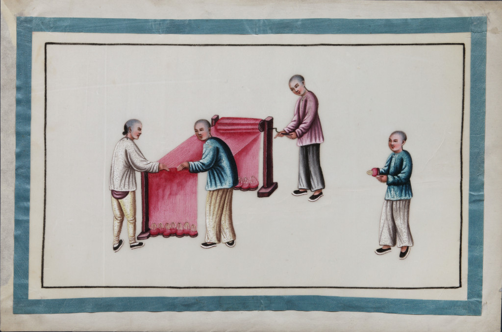 A series of twelve Chinese paintings in gouache on rice-paper depicting the silk production