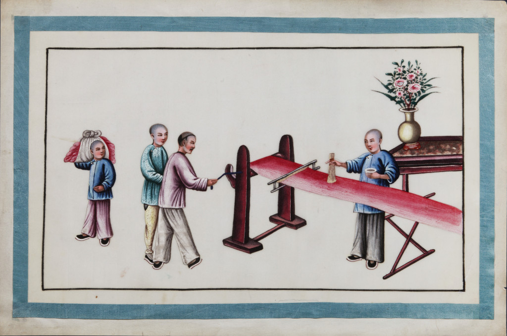 A series of twelve Chinese paintings in gouache on rice-paper depicting the silk production