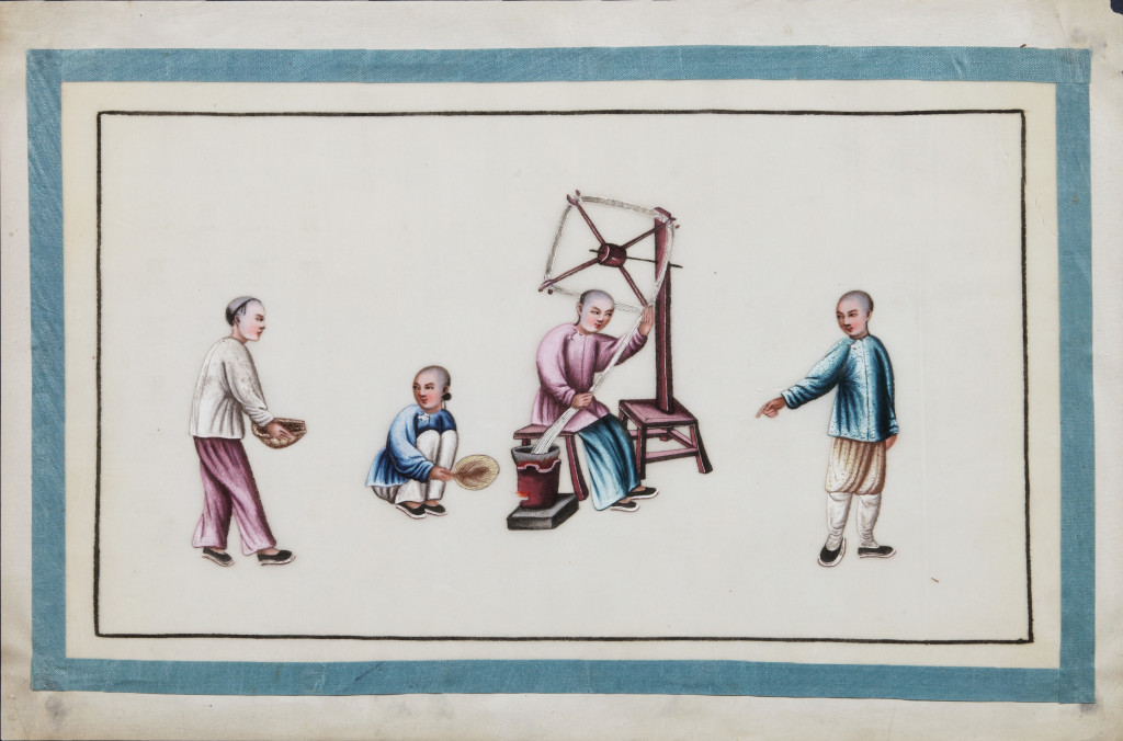 A series of twelve Chinese paintings in gouache on rice-paper depicting the silk production