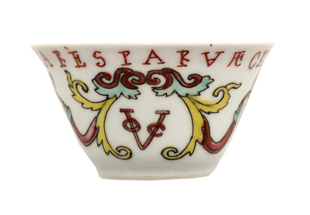 A rare Chinese Famille Roser porcelain 'VOC' cup and saucer