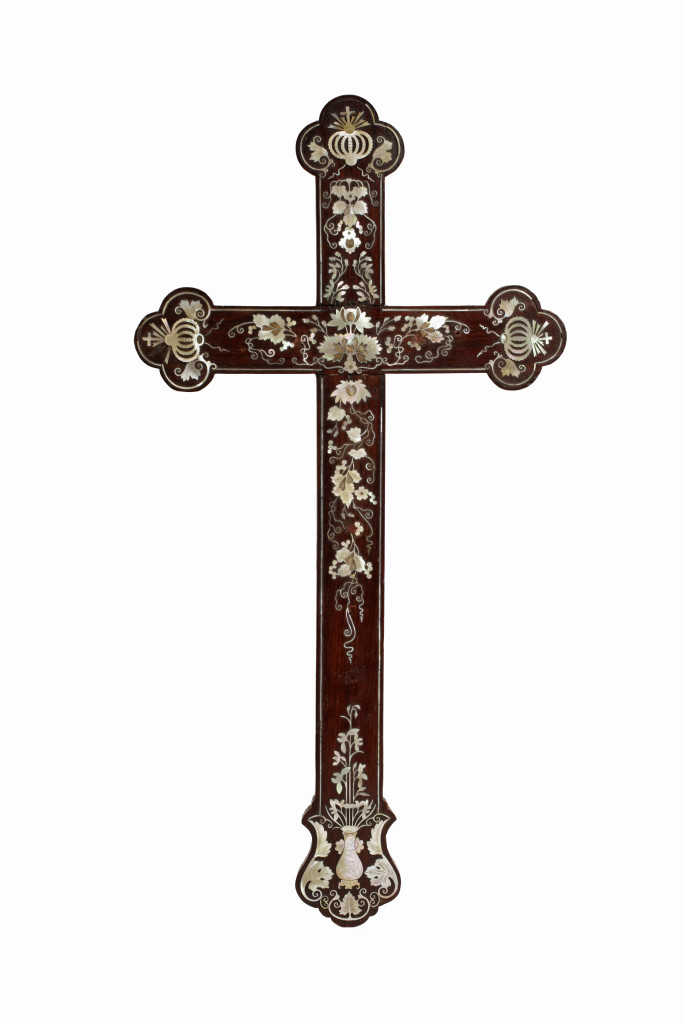 A Chinese rosewood inlaid with incised Mother-of-Pearl cross