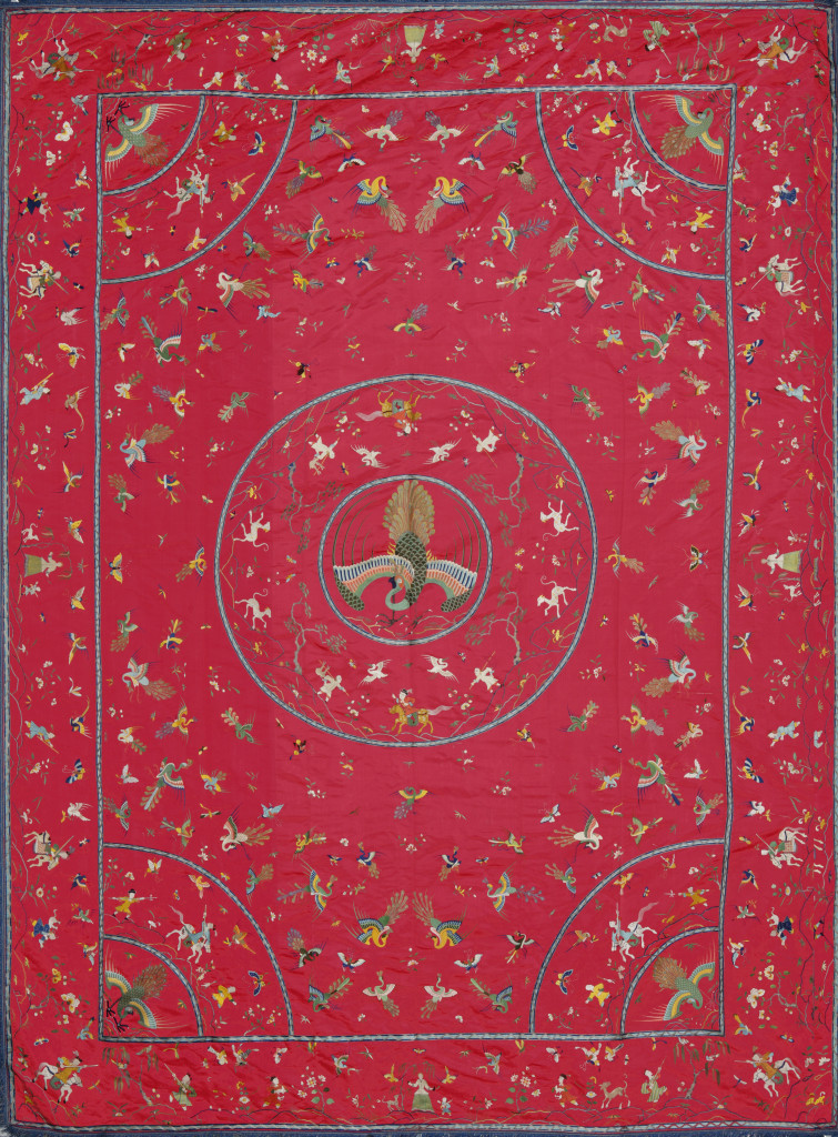 A Chinese red silk embroidered bed-cover for the Dutch market