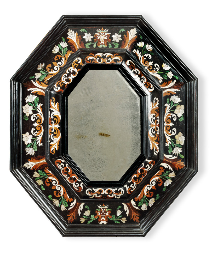 A bone, mother-of-pearl, and various wood inlaid ebony mirror with the Medici coats-of-arms by Leonardo van der Vinne (act. 1659-1713)