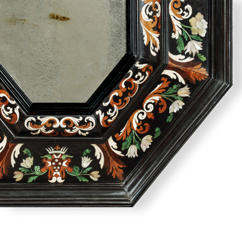 A bone, mother-of-pearl, and various wood inlaid ebony mirror with the Medici coats-of-arms by Leonardo van der Vinne (act. 1659-1713)