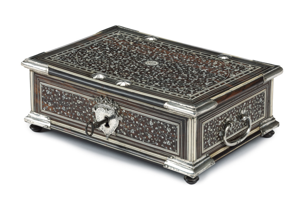 A fine Dutch-colonial pen-engraved bone inlaid ebony document box with silver mounts