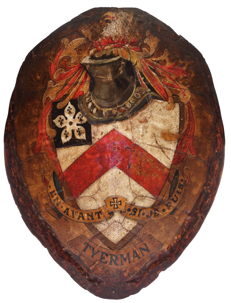 A rare pair of painted armorial Green Sea Turtle shells (Chelonia mydas), with the Tyerman and Warren coats-of-arms