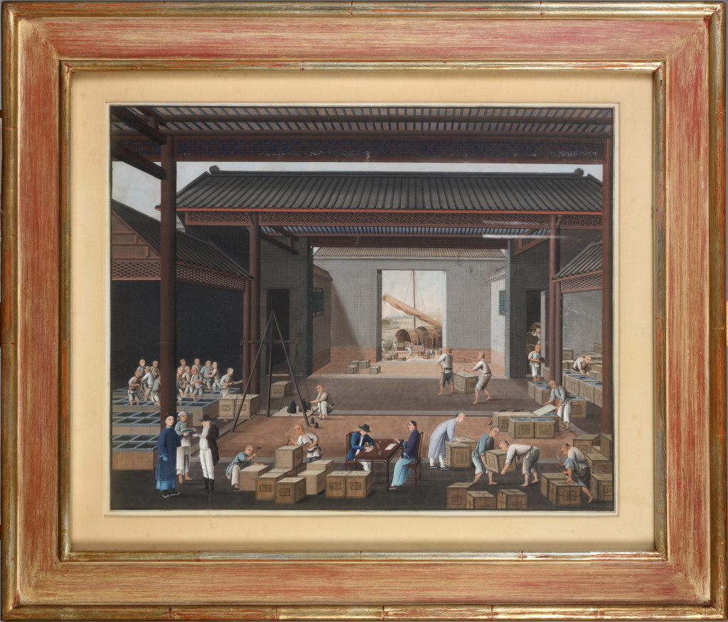 A Chinese export painting of a Canton tea-warehouse