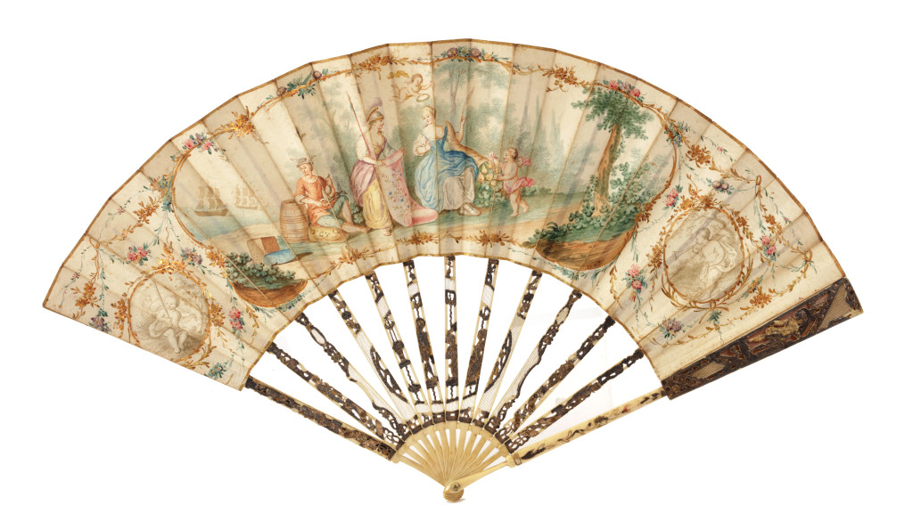 A painted folding fan depicting an allegory on Dutch trade