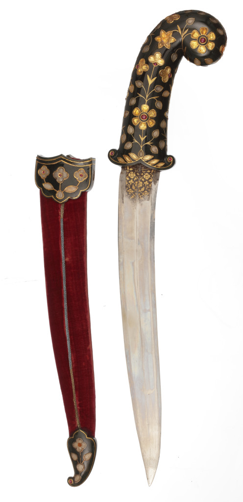 A Mughal citrin and ruby inlaid green jade and gold khanjar and rare matching sheath mounts