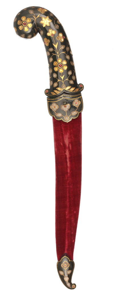 A Mughal citrin and ruby inlaid green jade and gold khanjar and rare matching sheath mounts