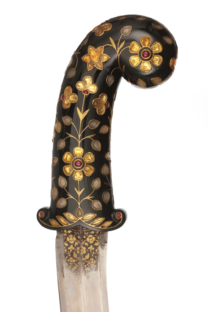 A Mughal citrin and ruby inlaid green jade and gold khanjar and rare matching sheath mounts
