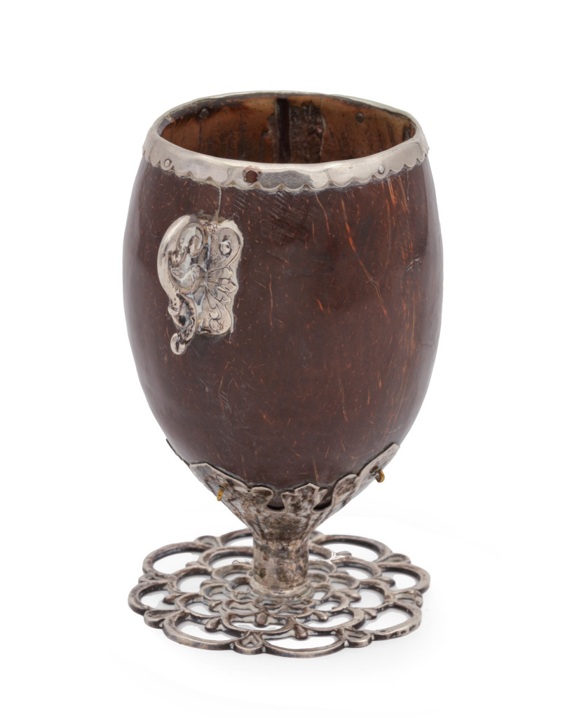 A Spanish-colonial chocolate cup (jícara) with silver mounts