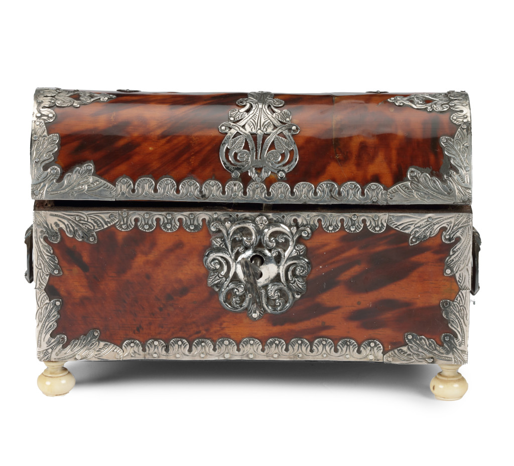 A colonial tortoiseshell veneered casket with silver mounts