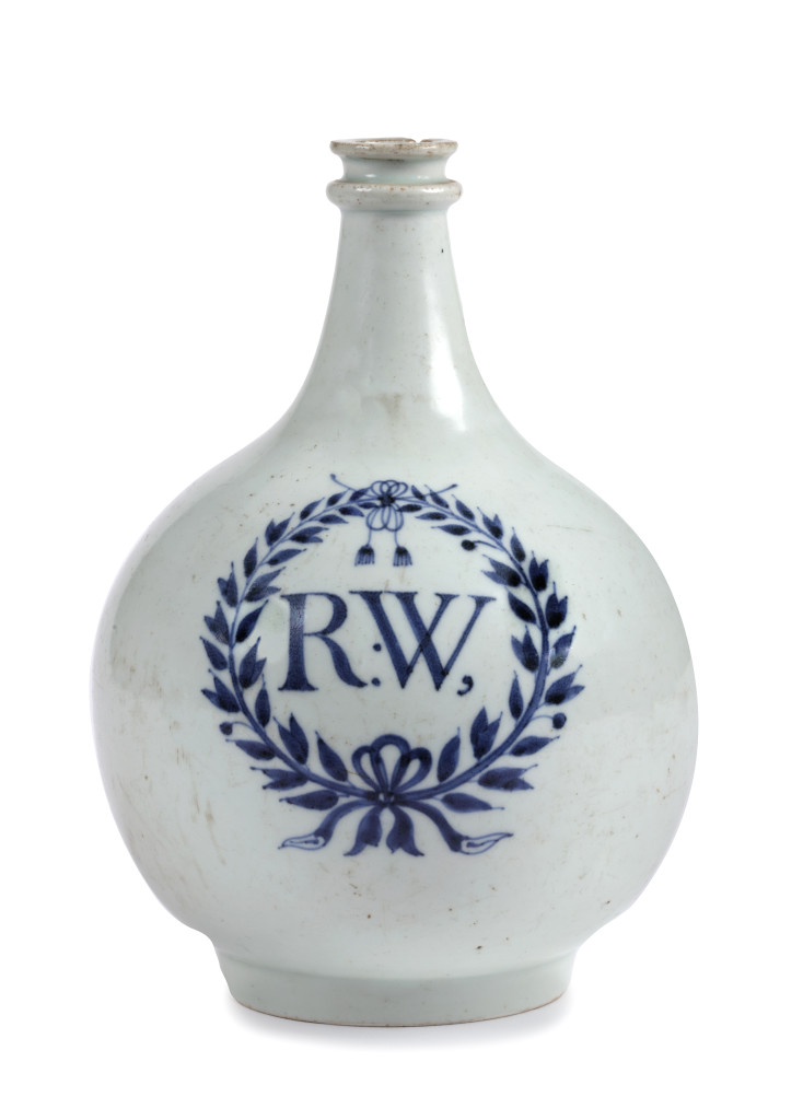 A Japanese Arita blue-and-white porcelain bottle with the initials RW