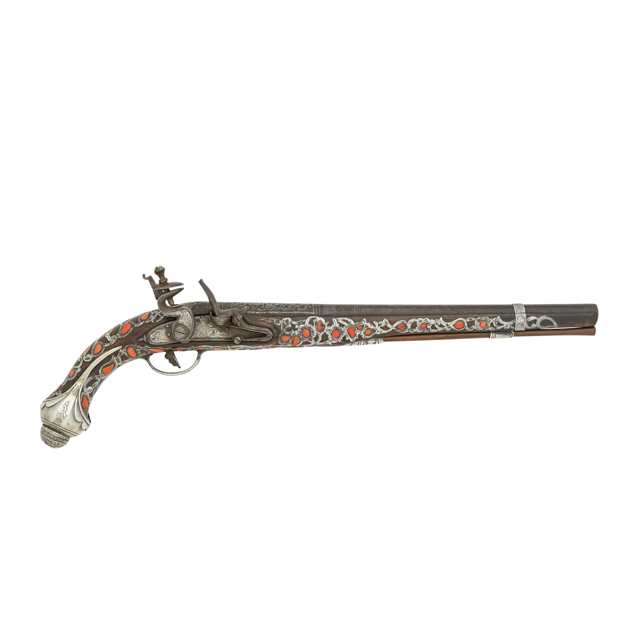 A rare Algerian silver and red coral inlaid flintlock pistol