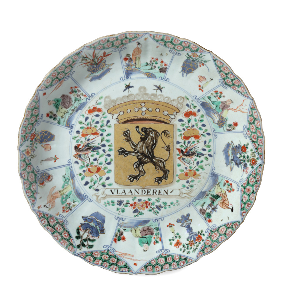 A Chinese export 'famille verte' porcelain armorial dish with the coat-of-arms of Flanders