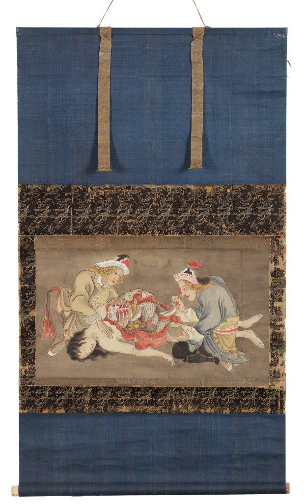 A rare Japanese scroll painting depicting a dissection scene by Dutch doctors