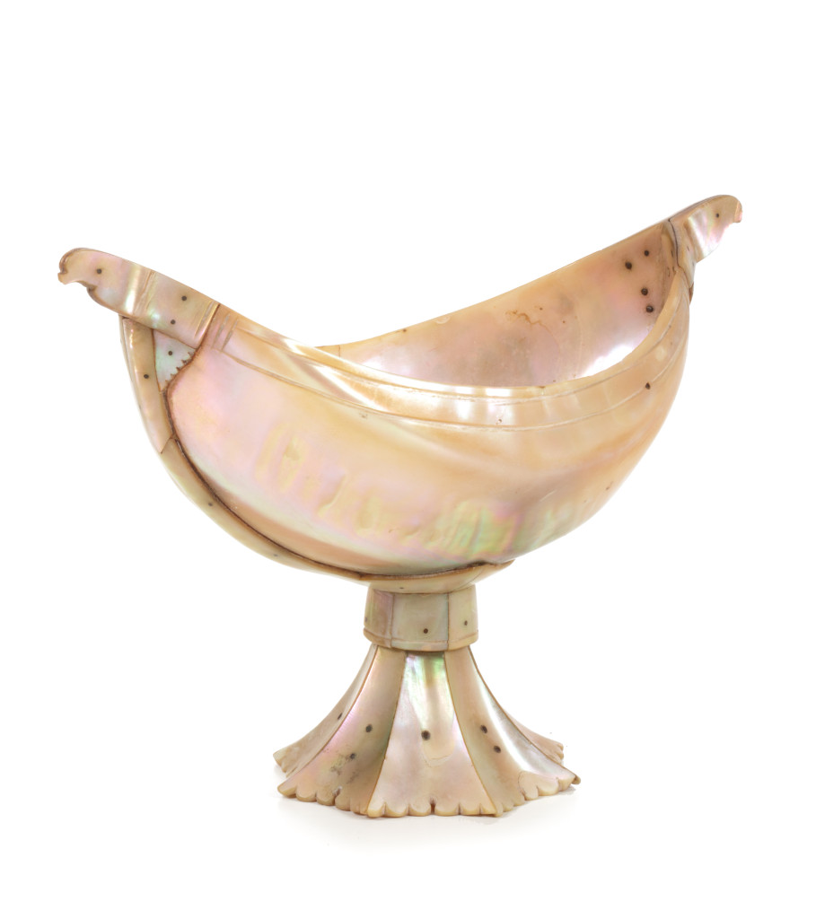 A large Indo-Portuguese Gujarat mother-of-pearl bowl on foot