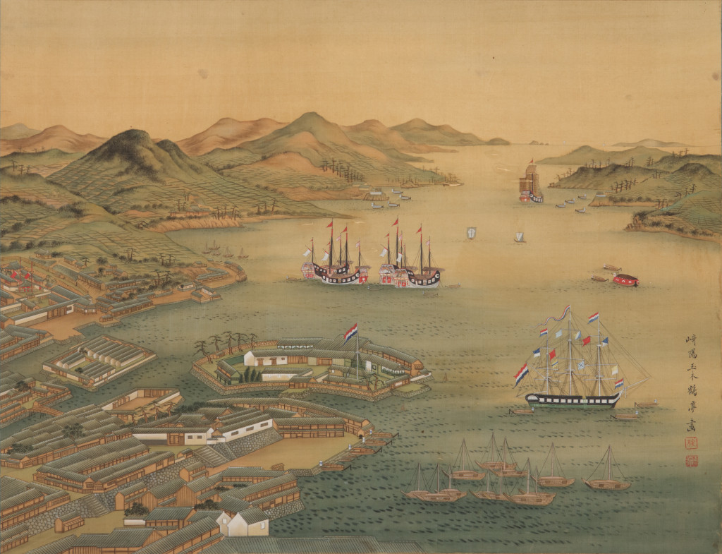 A Japanese scroll painting depicting Nagasaki Bay by Tamaki Kabutei (1807-1879)