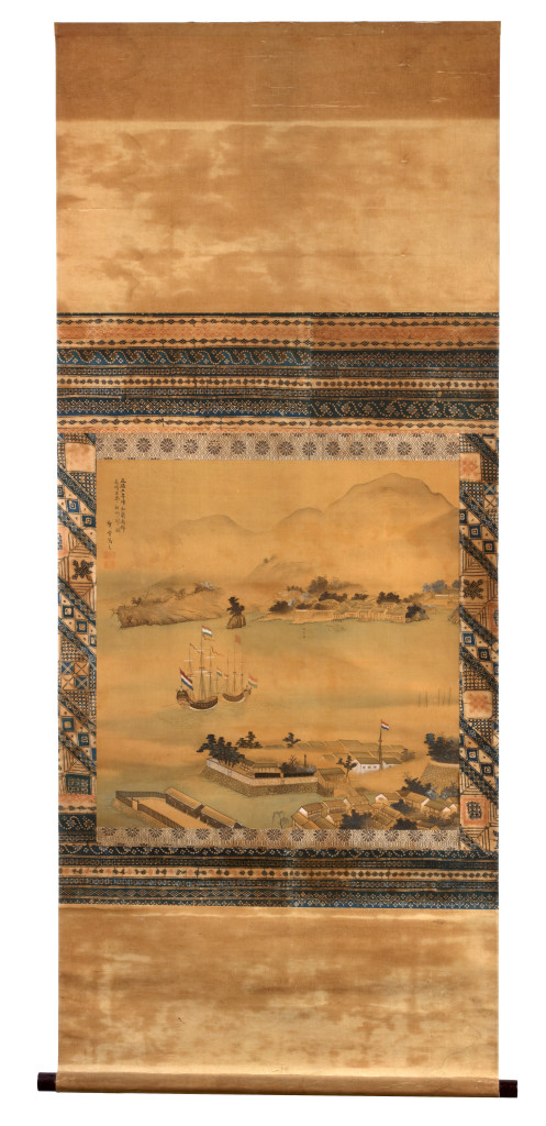 A Japanese scroll painting depicting the VOC trade-post Deshima island in the bay of Nagasaki by Kõdõ