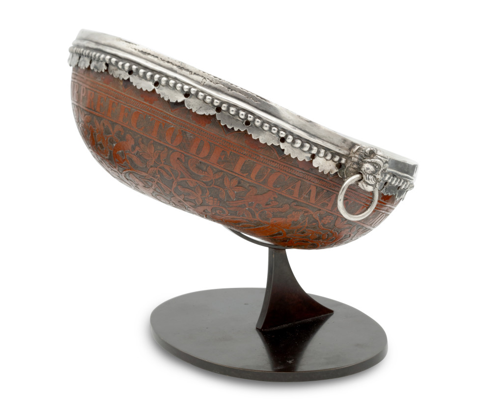 A Peruvian silver-mounted engraved 'mate burilano' gourd bowl