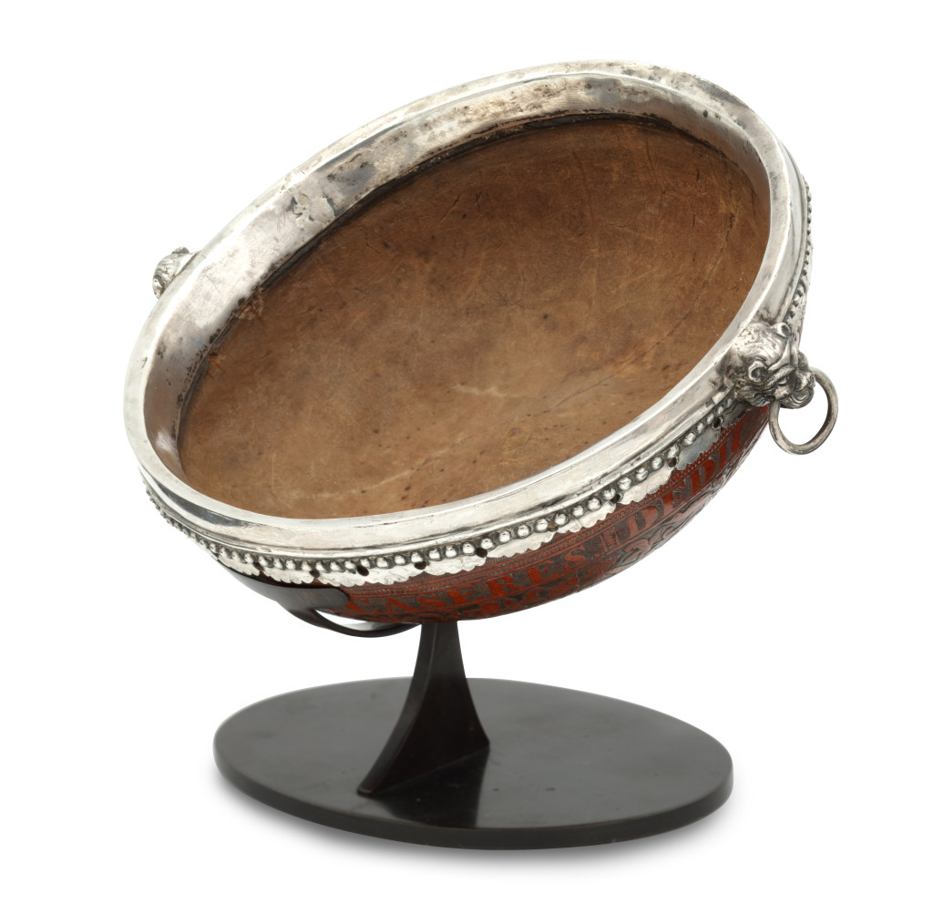 A Peruvian silver-mounted engraved 'mate burilano' gourd bowl