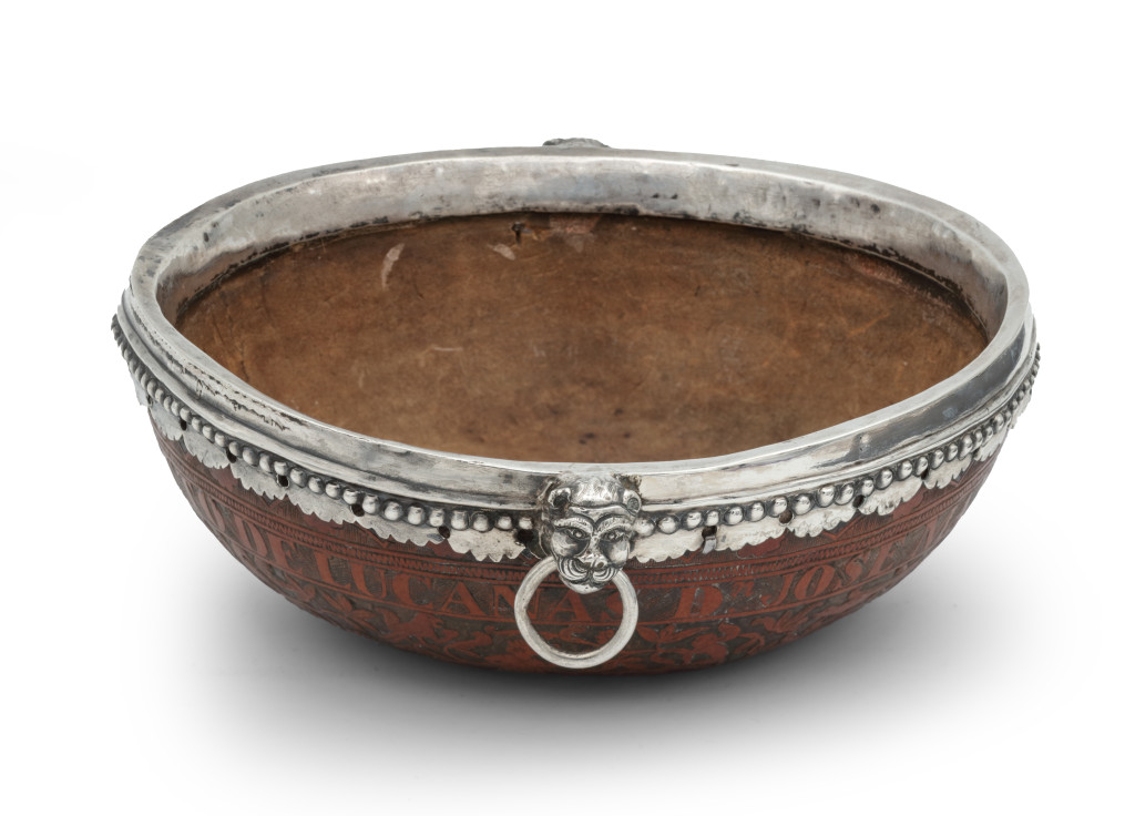 A Peruvian silver-mounted engraved 'mate burilano' gourd bowl
