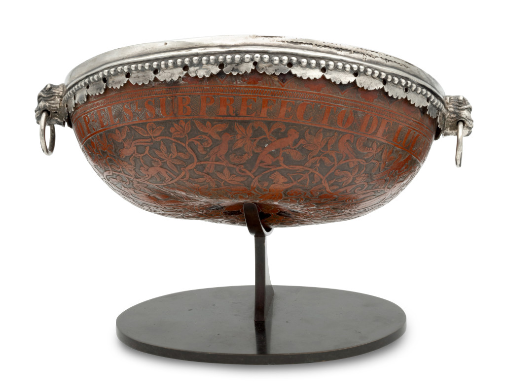A Peruvian silver-mounted engraved 'mate burilano' gourd bowl