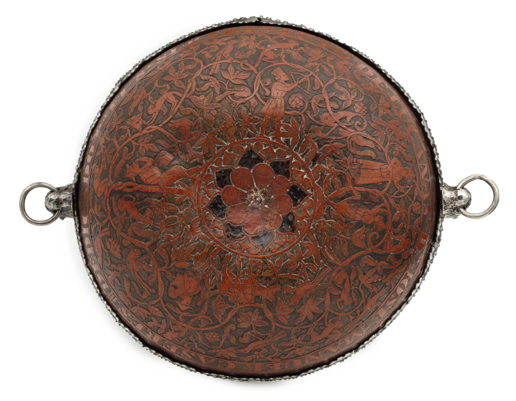 A Peruvian silver-mounted engraved 'mate burilano' gourd bowl