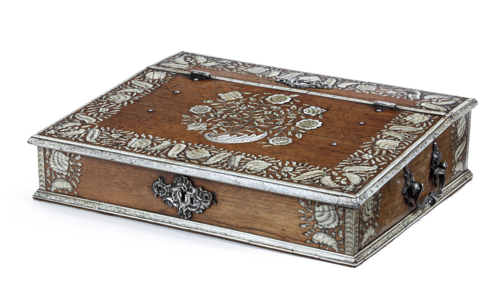 A Vizagapatam engraved-ivory-inlaid teak writing chest with silver mounts
