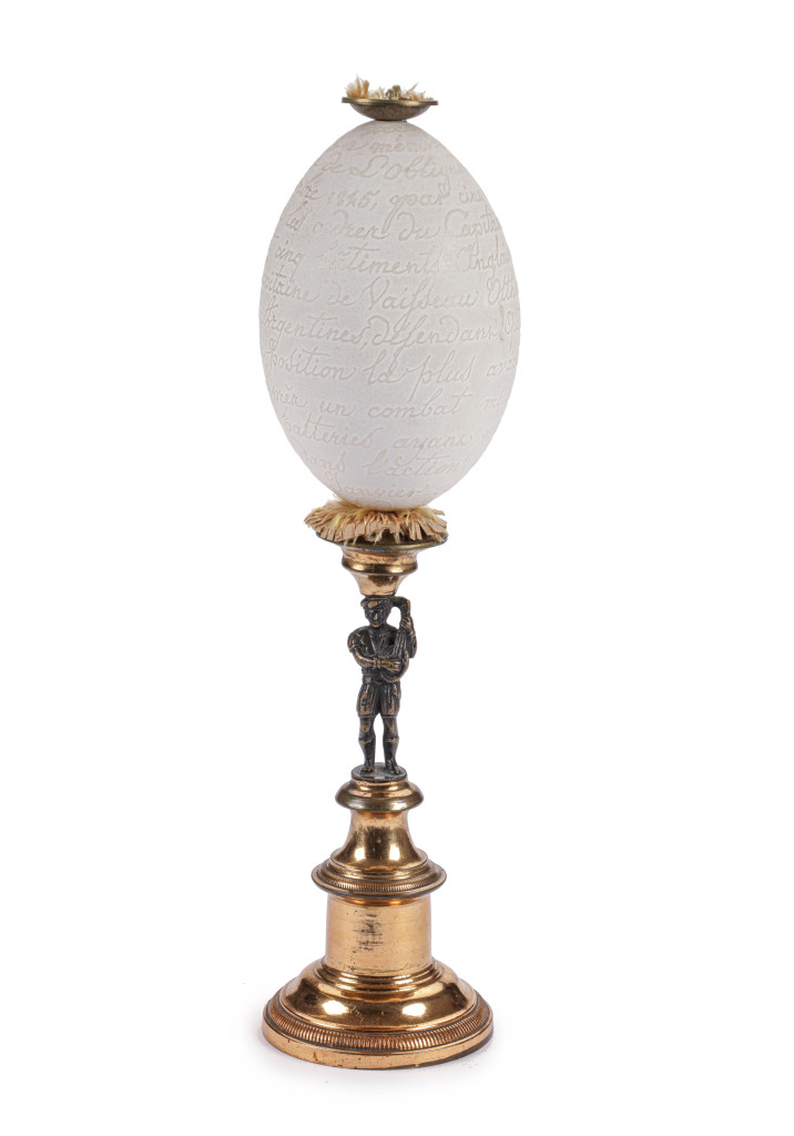 An rare Argentinian-Uruguayan gilt and bronze relief carved Rhea's egg commemorating the Battle of Obligado, 1845