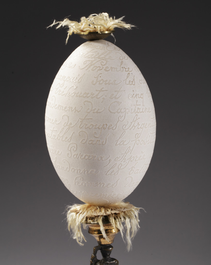 An rare Argentinian-Uruguayan gilt and bronze relief carved Rhea's egg commemorating the Battle of Obligado, 1845