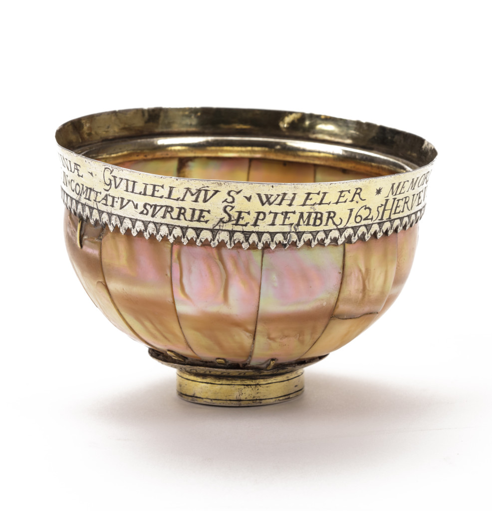An engraved English gilt-silver mounted Gujarat mother-of-pearl Communion cup