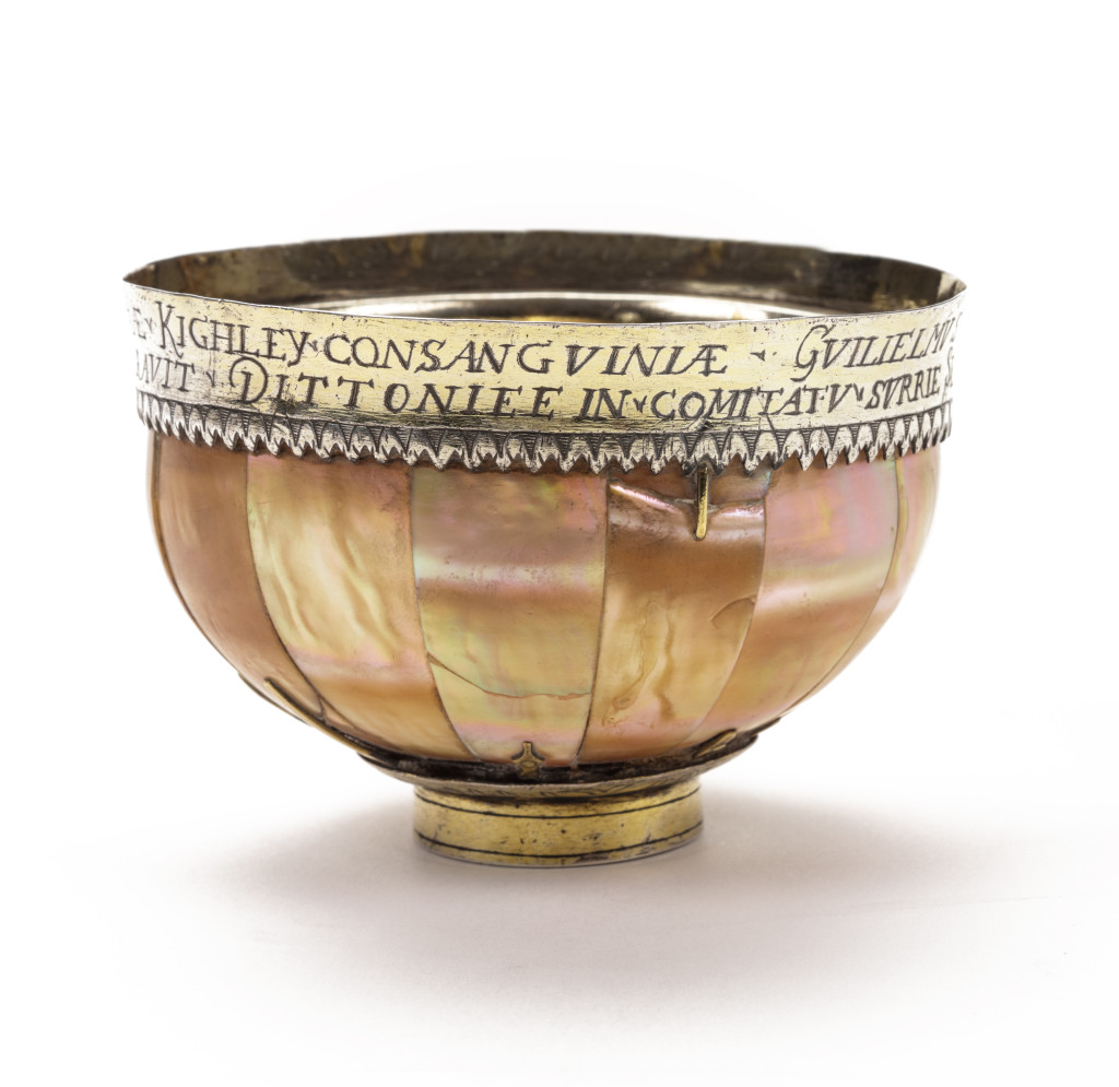An engraved English gilt-silver mounted Gujarat mother-of-pearl Communion cup