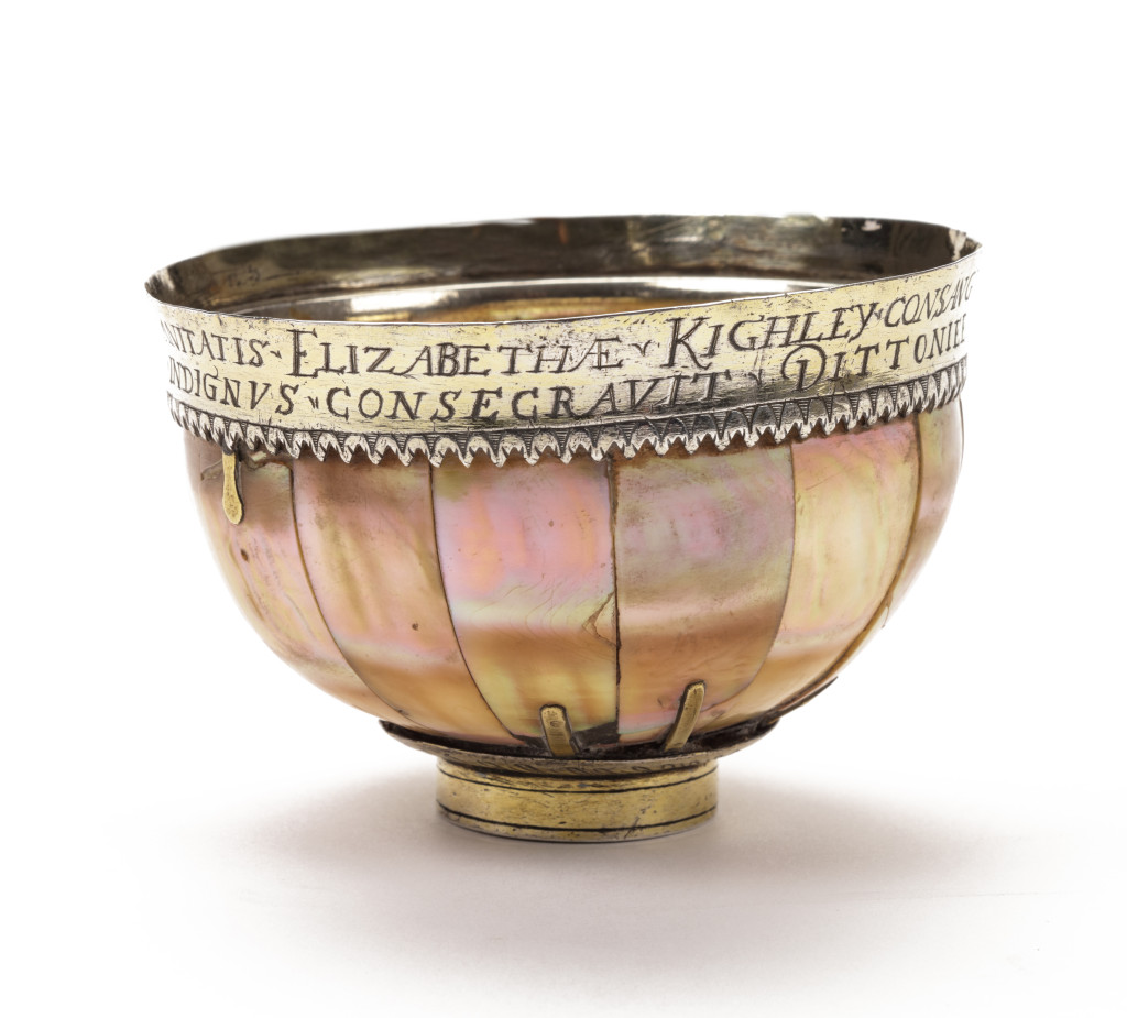 An engraved English gilt-silver mounted Gujarat mother-of-pearl Communion cup