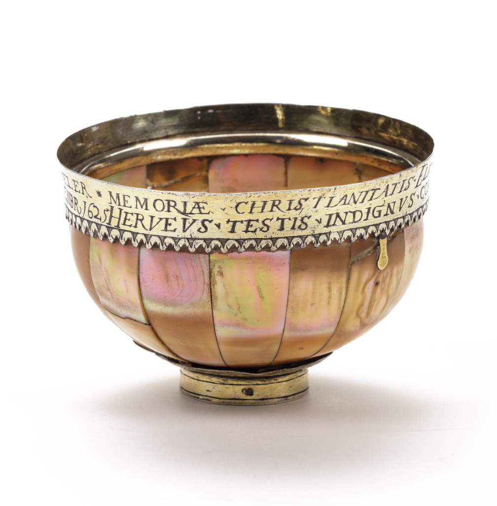 An engraved English gilt-silver mounted Gujarat mother-of-pearl Communion cup