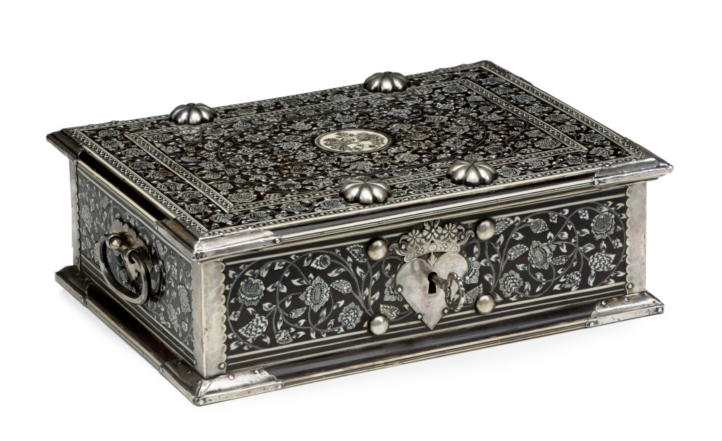 A rare Dutch-colonial pen-engraved bone inlaid ebony document box with silver mounts