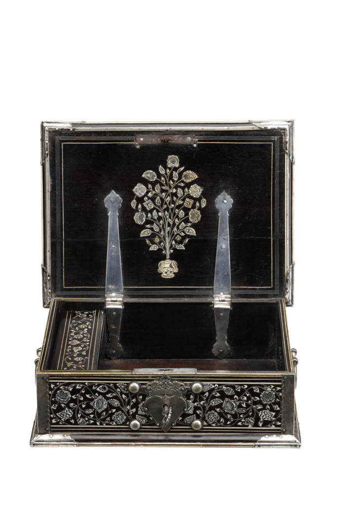 A rare Dutch-colonial pen-engraved bone inlaid ebony document box with silver mounts