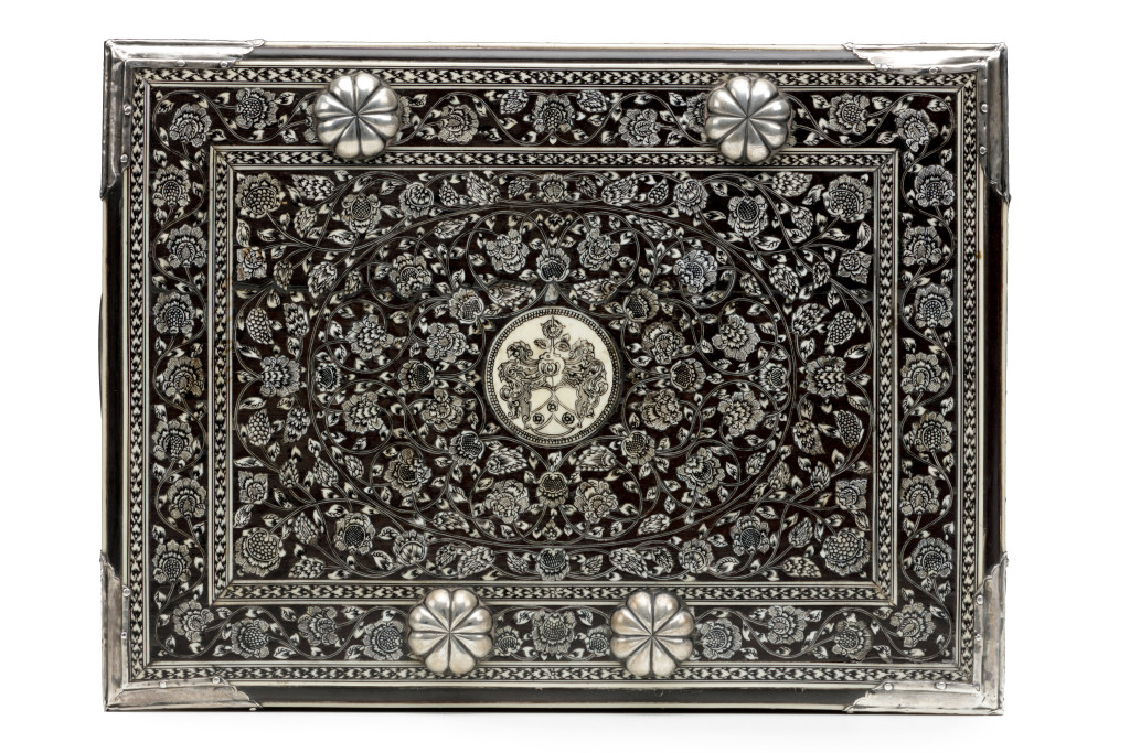 A rare Dutch-colonial pen-engraved bone inlaid ebony document box with silver mounts