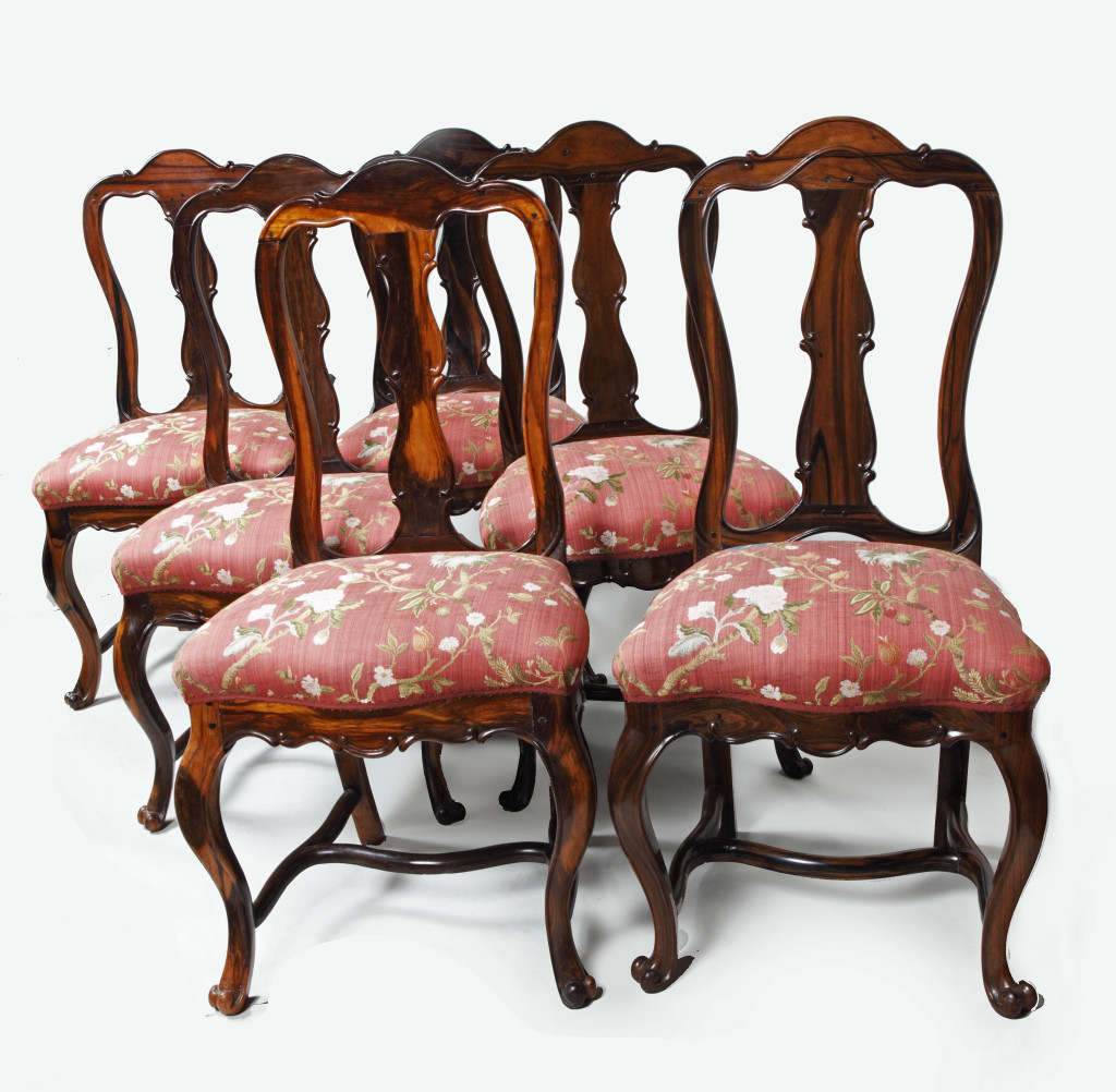 An extremely rare set of six Sri Lankan coromandel wood dining chairs
