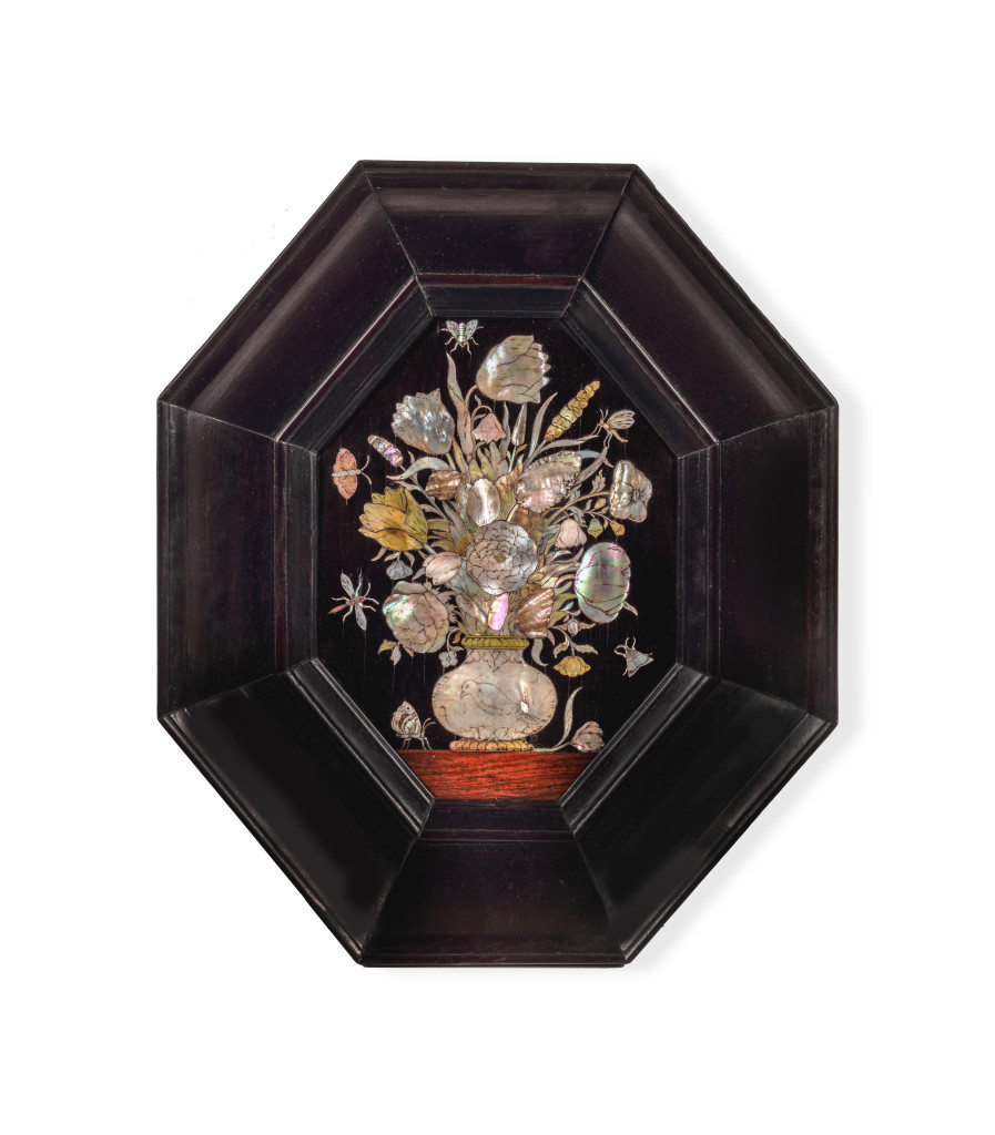 A Dutch mother of pearl inlaid panel depicting a vase of flowers attributed to Anna Maria van Rijswijck (c. 1628 - 1671-1672)