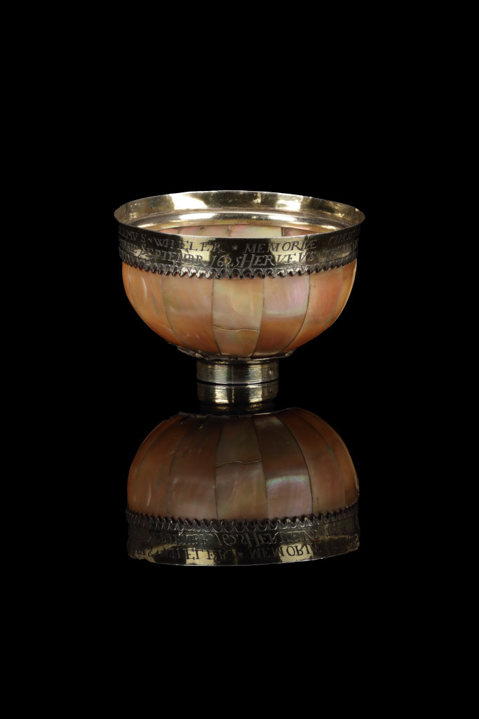 An engraved English gilt-silver mounted Gujarat mother-of-pearl Communion cup