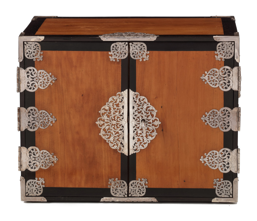 A Dutch-colonial amboyna and ebony collector's cabinet with silver mounts