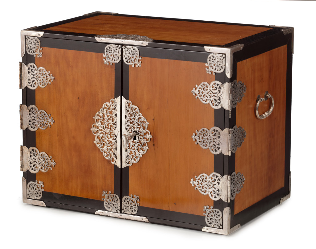 A Dutch-colonial amboyna and ebony collector's cabinet with silver mounts