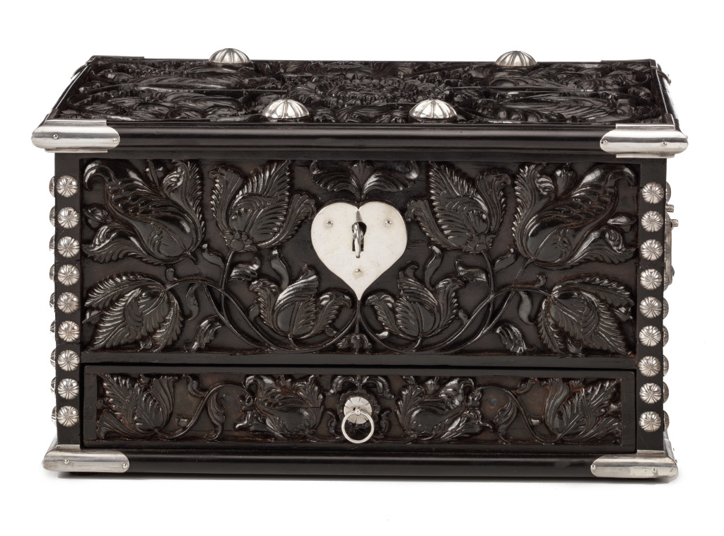 A large Dutch-colonial ebony money box with silver mounts