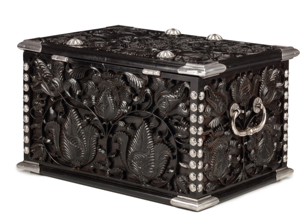 A large Dutch-colonial ebony money box with silver mounts